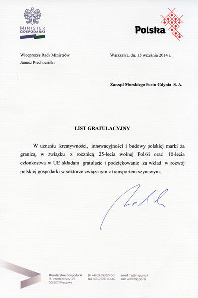 List gratulacyjny Ministra Gospodarki